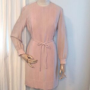 Vintage 60s Jane Stevens Pink Mini Dress Mod Pleated Long Sleeve SZ Medium